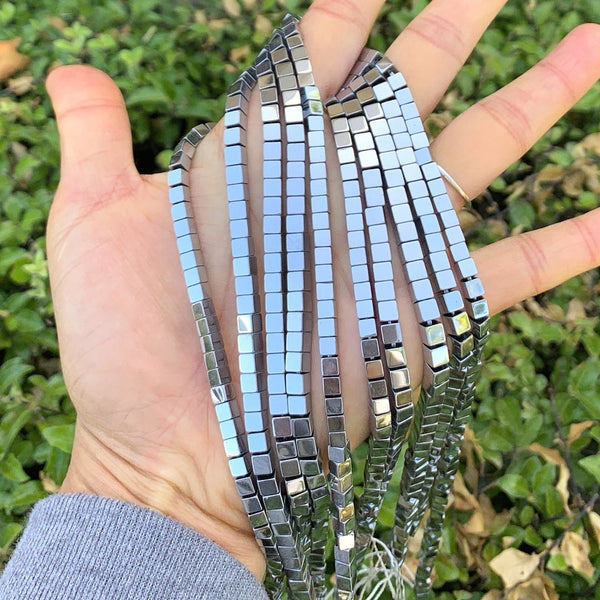 Grade A Natural Hematite Gemstone Cube Beads, White Gold Plated, 2 strands/190pcs Beads, 4mm/Small Tiny, Hole ID 1mm, GFC-K5