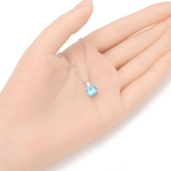 925 Sterling Silver March Birthstone Solitaire Necklace, 8mm/2 Carat Blue Aquamarine Cubic Zirconia CZ, Length Selections: 16 inch/18 inch