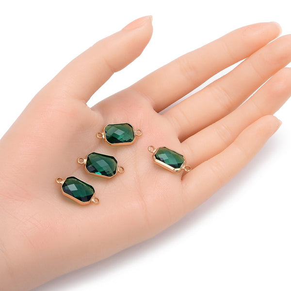 10pcs Grade A May Emerald Green Birthstone Rectangle Radiant Cut Links, 18K Yellow Gold Plated Brass, 14mm, CCP12-G5