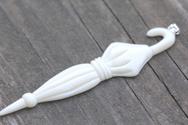 1pc Beautiful Romance Umbrella Hand Carved White Buffalo Bone Drop Pendant, Symbol of Strength Prosperity Pendant, with Sterling Silver Bail, 3.5 Inch, BP-54