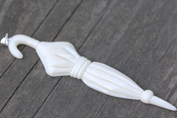 1pc Beautiful Romance Umbrella Hand Carved White Buffalo Bone Drop Pendant, Symbol of Strength Prosperity Pendant, with Sterling Silver Bail, 3.5 Inch, BP-54