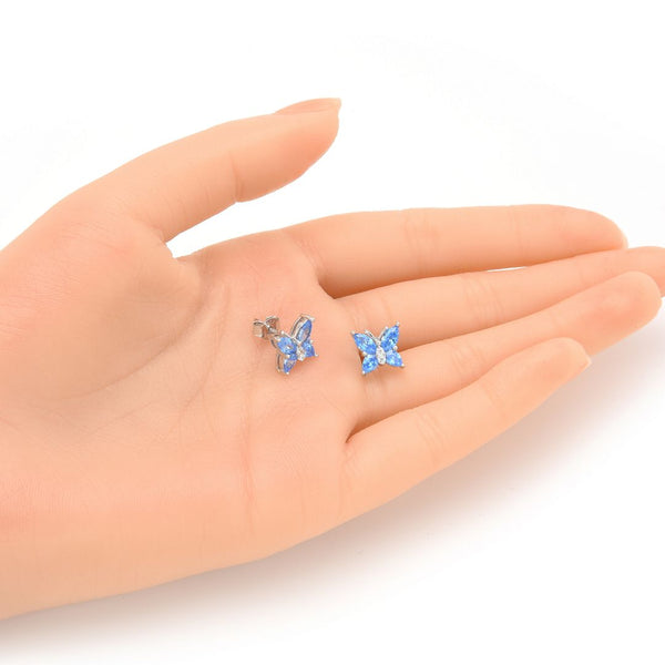 1 Pair 925 Sterling Silver December Birthstone Butterfly Stud Earrings, 10mm, Cubic Zirconia CZ Blue Zircon Stone, SSE83-12