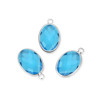 10pcs Grade A March Aquamarine Blue Oval Birthstone Charm Drops, Sterling Silver Plated Brass, 18x13mm, CCP6-S3