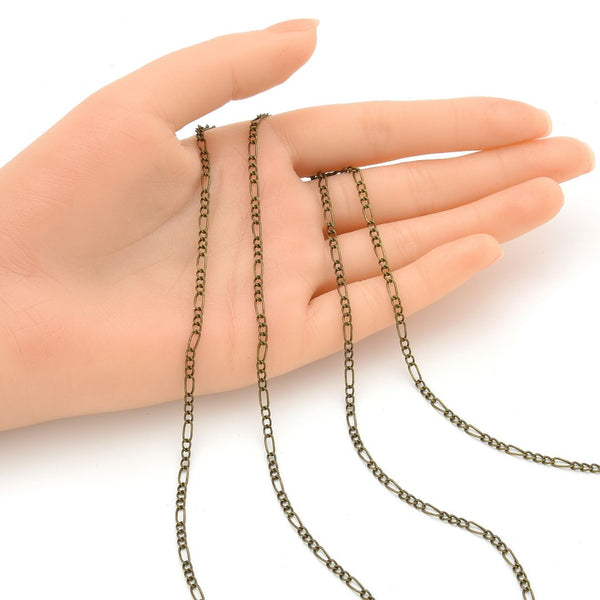 33 Feet Diamond Cut Figaro Chain Link, Unfinished, Antique Bronze Plated Copper, Chain Width Selections: 2mm/2.6mm