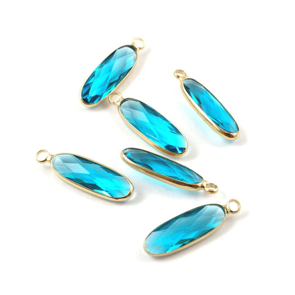 10pcs Grade A March Aquamarine Blue Rectangle Bar Birthstone Charm Drops, 18K Yellow Gold Plated Brass, 21x7mm, CCP8-G3