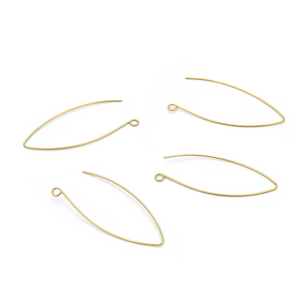 50pcs Raw Brass Marquise Earring Hooks, V Shape Ear Wire, 0.7mm/21 Gauge, 45mm Long, Unplated/Uncoated, CX247
