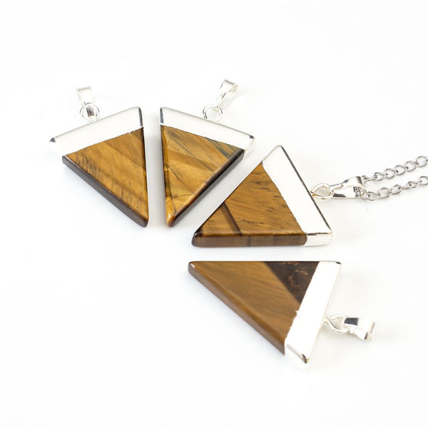 1pc Natural Brown Yellow Tiger Eye Triangle Gemstone Pendant Necklace, 18 Inch Surgical Stainless Steel Chain, GGP-A8