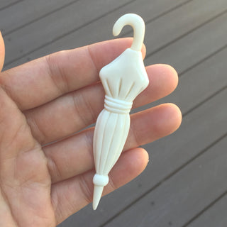 1pc Beautiful Romance Umbrella Hand Carved White Buffalo Bone Drop Pendant, Symbol of Strength Prosperity Pendant, with Sterling Silver Bail, 3.5 Inch, BP-54