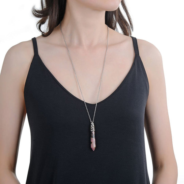 1pc Natural Rhodonite Hexagonal Pile Gemstone Pendant Necklace, 26 Inch Surgical Stainless Steel Chain, GGP-BB9
