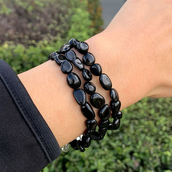 1 Strand Stretch Natural Black Tourmaline Free Form Gemstone Bracelet, 7-10mm Beads, Length Selections: 7 inch/7.5 inch