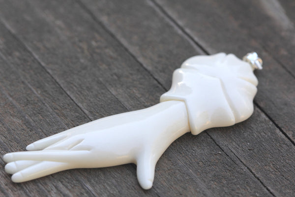 1pc Beautiful Elegant Dancing Hand Hand Carved White Buffalo Bone Drop Pendant, Symbol of Strength Prosperity Pendant, with Sterling Silver Bail, 3 Inch, BP-55