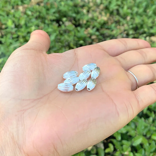100pcs Corrugated Oval Melon Beads, Sterling Silver Plated Brass, Size Selections: 7x4mm, 10x6mm, 12x8mm