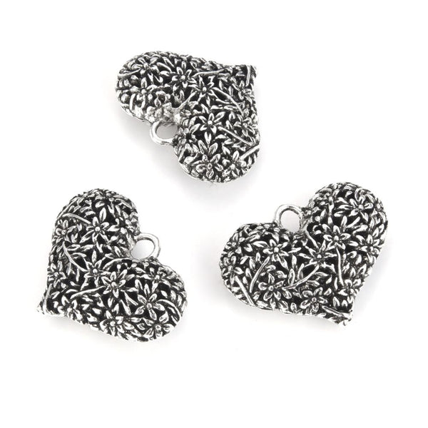 20pcs Flower Vine Symbol of Strength Heart Charms, 41mm Large Double Sided Heart Drop Pendants, Antique Silver, MC-D25