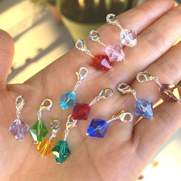 1 Set/12pcs Mixed Clip On Dangle Birthstone Charm Drops, 10mm Bicone Crystal Beads, Sterling Silver Plated Clasps, BL2