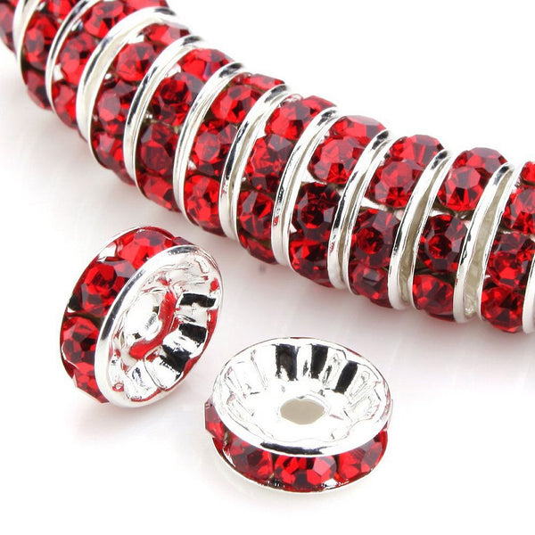 100pcs AAA Grade Rhinestone Rondelle Beads, Sterling Silver Plated Brass, Light Siam Red Rhinestone, Color Selections: 5mm/6mm/8mm/10mm/12mm
