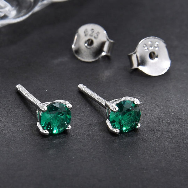 1 Pair 925 Sterling Silver May Birthstone Round Cut Stud Earrings, 4mm/0.25 Carat Small Tiny Cubic Zirconia CZ Green Emerald Stone, SSE78-5
