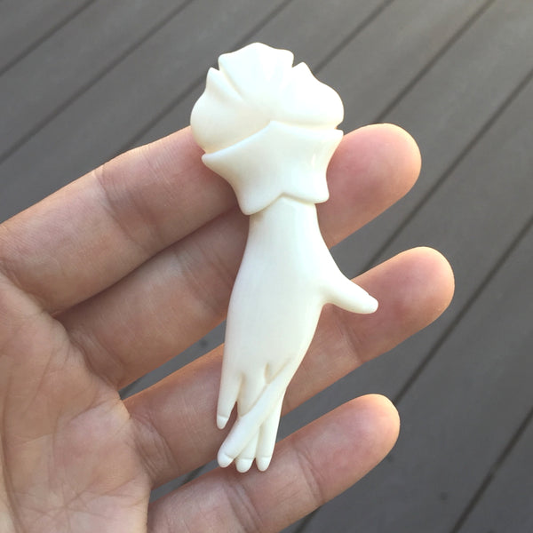 1pc Beautiful Elegant Dancing Hand Hand Carved White Buffalo Bone Drop Pendant, Symbol of Strength Prosperity Pendant, with Sterling Silver Bail, 3 Inch, BP-55