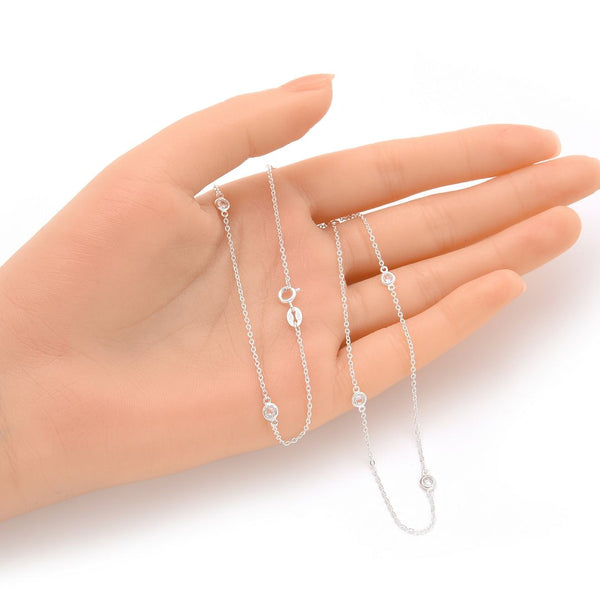 1pc 925 Sterling Silver BTY Station Cubic Zirconia Diamond Bezel Cable Chain Necklace, 4mm Bezel, Length Selections: 18 inch/20 inch/22 inch