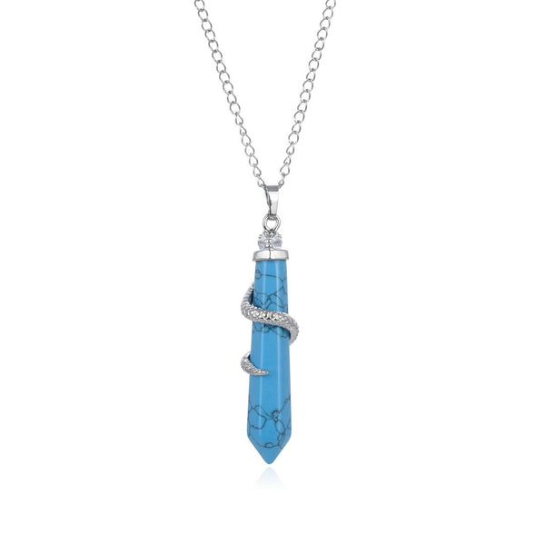 1pc Natural Blue Howlite Imitation Turquoise Hexagonal Pile Gemstone Pendant Necklace, 18 Inch Surgical Stainless Steel Chain, GGP-D6
