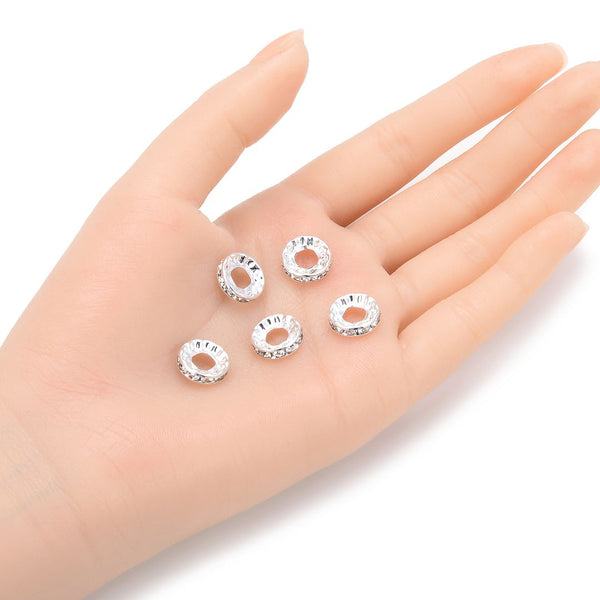 50pcs Grade A Large Hole Crystal Rhinestone Rondelle Beads, Sterling Silver Plated Brass, 12mm, Hole ID 5mm, CF2-12