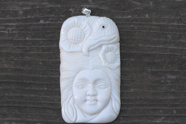 1pc Beautiful Eagle & Sun Goddess Hand Carved White Buffalo Bone Drop Pendant, Symbol of Strength Prosperity Pendant, with Sterling Silver Bail, 2.44 Inch, BP-56