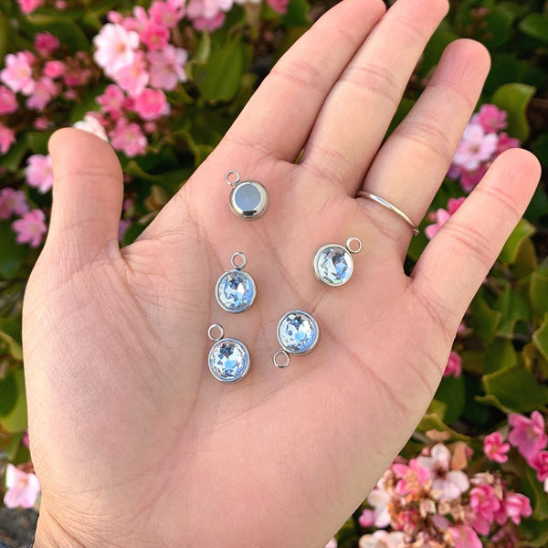 10pcs Grade A March Aquamarine Blue Birthstone Charm Drops, Stainless Steel, Tarnish Resistant, 10mm, CCP30-3