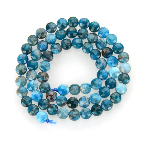 Natural Blue Apatite Gemstone Faceted Flat Round Coin Beads, 6mm, Hole ID 1mm, 15 Inch/1 Strand, GZ13-4