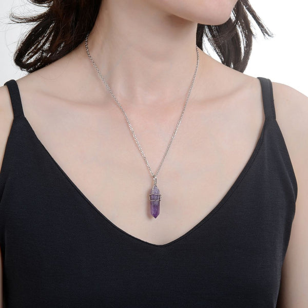 1pc Natural Purple Amethyst Crystal Gemstone Pendant Necklace, 18 Inch Surgical Stainless Steel Chain, GGP-E4