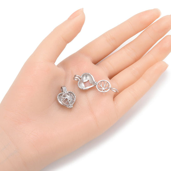 1pc 925 Sterling Silver Angel Wings Heart Bead Cage, Tarnish Resistant, Used for 6 - 8mm Bead Pearl Stone Pendant, SS391
