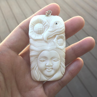 1pc Beautiful Eagle & Sun Goddess Hand Carved White Buffalo Bone Drop Pendant, Symbol of Strength Prosperity Pendant, with Sterling Silver Bail, 2.44 Inch, BP-56