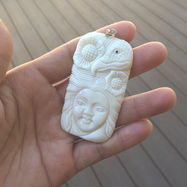 1pc Beautiful Eagle & Sun Goddess Hand Carved White Buffalo Bone Drop Pendant, Symbol of Strength Prosperity Pendant, with Sterling Silver Bail, 2.44 Inch, BP-56