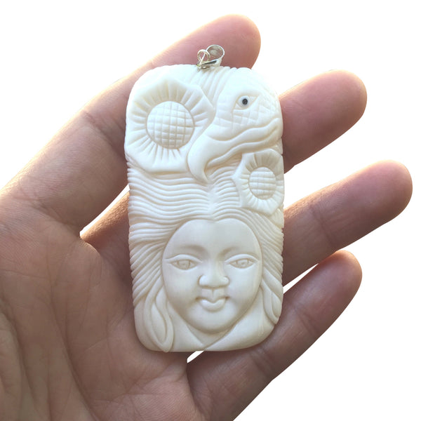 1pc Beautiful Eagle & Sun Goddess Hand Carved White Buffalo Bone Drop Pendant, Symbol of Strength Prosperity Pendant, with Sterling Silver Bail, 2.44 Inch, BP-56