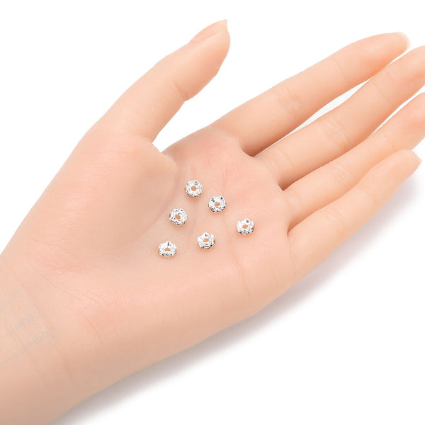 100pcs Grade A Wavy Flower Rhinestone Rondelle Beads, Clear Rhinestone, Sterling Silver Plated Brass, Size Selections: 4mm/6mm/8mm/10mm/12mm