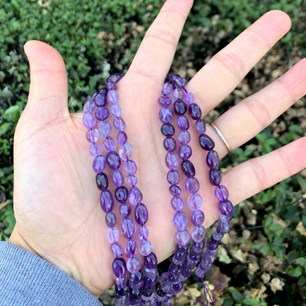 Natural Amethyst Purple Crystal Gemstone Oval Tumbled Pebble Beads, Irregular, 6mm to 8mm, Hole ID 1mm, 15 Inch/1 Strand, GZ11-14