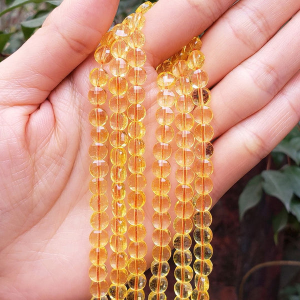 Natural Citrine Yellow Crystal Gemstone Faceted Flat Round Coin Beads, 6mm, Hole ID 1mm, 15 Inch/1 Strand, GZ13-1