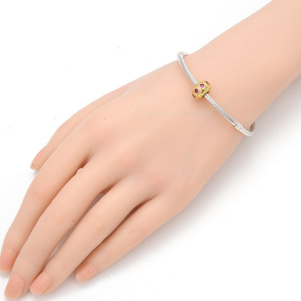 1pc Real Gold Plated 925 Sterling Silver July Birthstone Bead Charm, Red Ruby Cubic Zirconia CZ, 11x6.8mm, Hole ID 4.5mm, EC1-B7