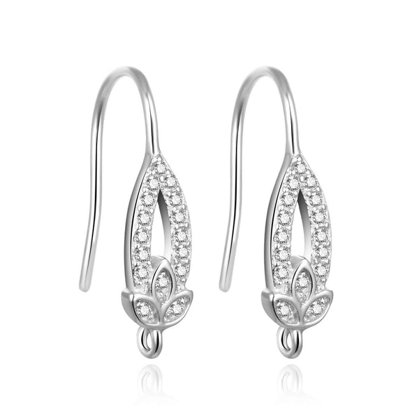 4pcs 925 Sterling Silver Fancy Flower Earring Hooks, 16 Cubic Zirconia CZ, Tarnish Resistant Rhodium Plated, 18mm, SS444