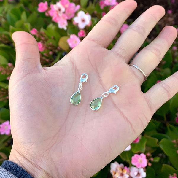 2pcs Clip On Dangle August Peridot Green Birthstone Charm Drops, Tarnish Resistant, Sterling Silver Plated Lobster Clasp, BL7-8