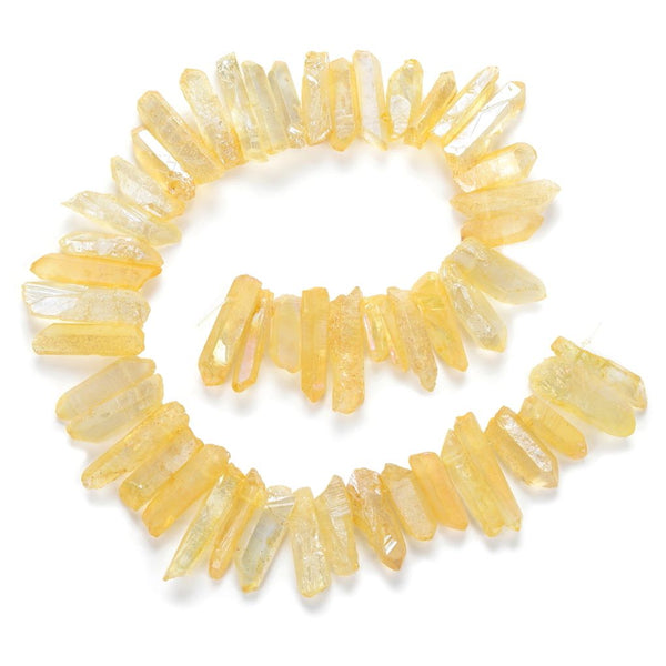 1 Strand Natural Raw Crystal Quartz Gemstone Beads, Medium Size Drilled Stone Points, Topaz Yellow AB Titanium Coated Gem Stick, 15 Inch, GA-D11