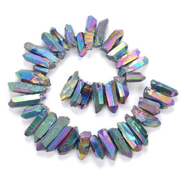 1 Strand Natural Raw Crystal Quartz Gemstone Beads, Large Drilled Stone Points, Rainbow AB Titanium Coated Gem Stick, 15 Inch, GA-E5