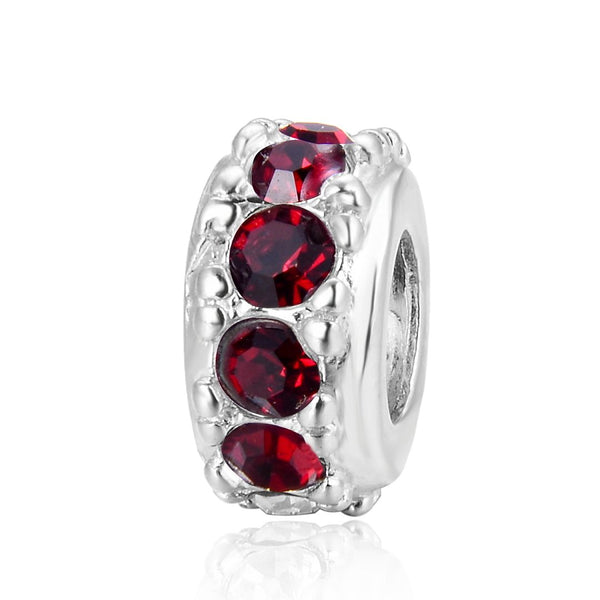 1pc 925 Sterling Silver January Birthstone Bead Charm, Siam Red Garnet Cubic Zirconia CZ, 9.5x5mm, Hole ID 4.5mm, EC1-C1