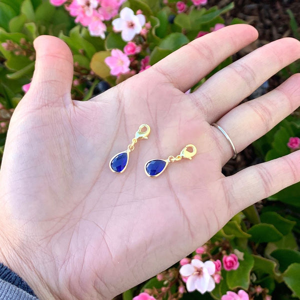 2pcs Clip On Dangle September Sapphire Blue Birthstone Charm Drops, Tarnish Resistant, 18K Yellow Gold Plated Lobster Clasp, BL8-9