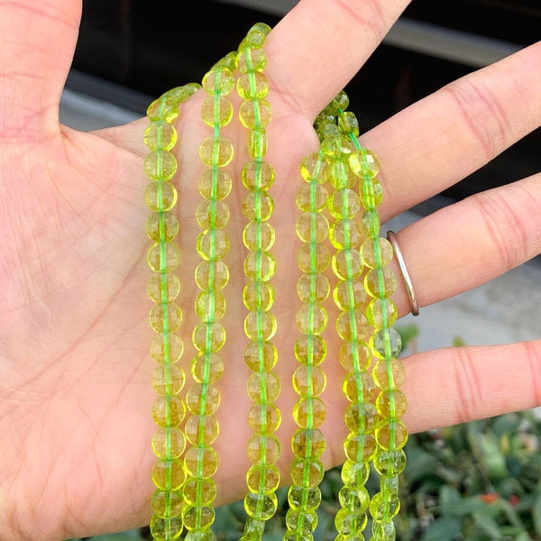 Natural Green Crystal (Imitation Green Peridot) Gemstone Faceted Flat Round Coin Beads, 6mm, Hole ID 1mm, 15 Inch/1 Strand, GZ13-2