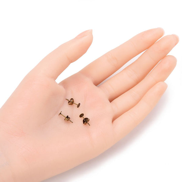 100pcs Earring Posts Glue On Settings, with 100pcs Earring Backs, Antique Bronze Plated Brass, Flat Board Size Selections: 3mm/4mm/6mm/8mm