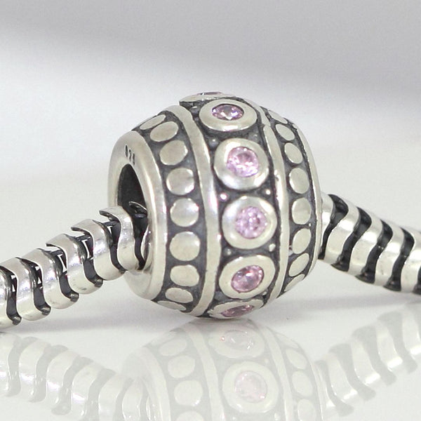 1pc 925 Sterling Silver Round October Birthstone Bead Charm, Pink Tourmaline Cubic Zirconia CZ, 10x8mm, Hole ID 4.5mm, EC1-F10