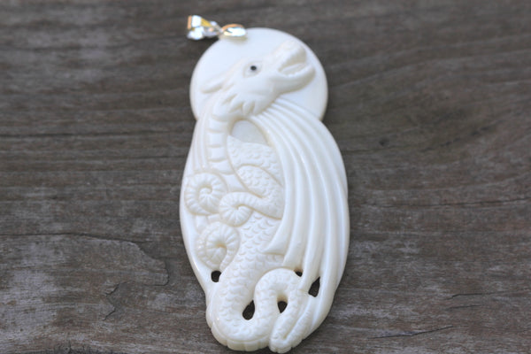 1pc Beautiful Dragon-Chasing-Sun Hand Carved White Buffalo Bone Drop Pendant, Symbol of Strength Prosperity Pendant, with Sterling Silver Bail, 2.52 Inch, BP-58