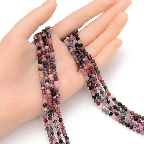 Natural Multi-color Tourmaline Gemstone Tiny Small Faceted Round Beads, 4mm, Hole ID 0.6mm, 15 Inch/1 Strand, GK4-2
