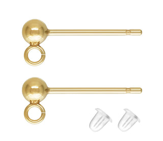 4pcs Real 1/20 14K Gold Filled 3mm Ball Earring Posts, Open Ring, with 4pcs Plastic Earring Backs, JK1-D3