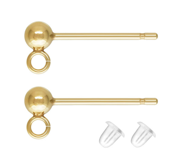 4pcs Real 1/20 14K Gold Filled 3mm Ball Earring Posts, Open Ring, with 4pcs Plastic Earring Backs, JK1-D3