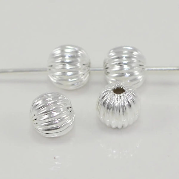 100pcs Sparkle Corrugated Melon Round Beads, Sterling Silver Plated Brass, Size Selections: 6mm/8mm/10mm